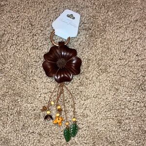 NWT Brown Flower Tassel Keychain Bag Charm with Flowers and Leaves